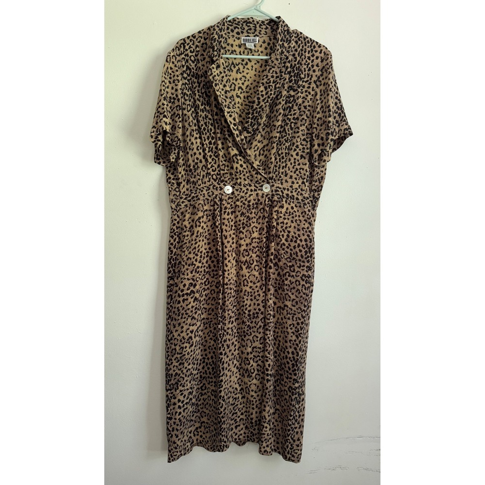 Vintage Robbie Bee 100% Silk Leopard Print Midi Dress Brown Tan Wrap Size 14 - Picture 3 of 7